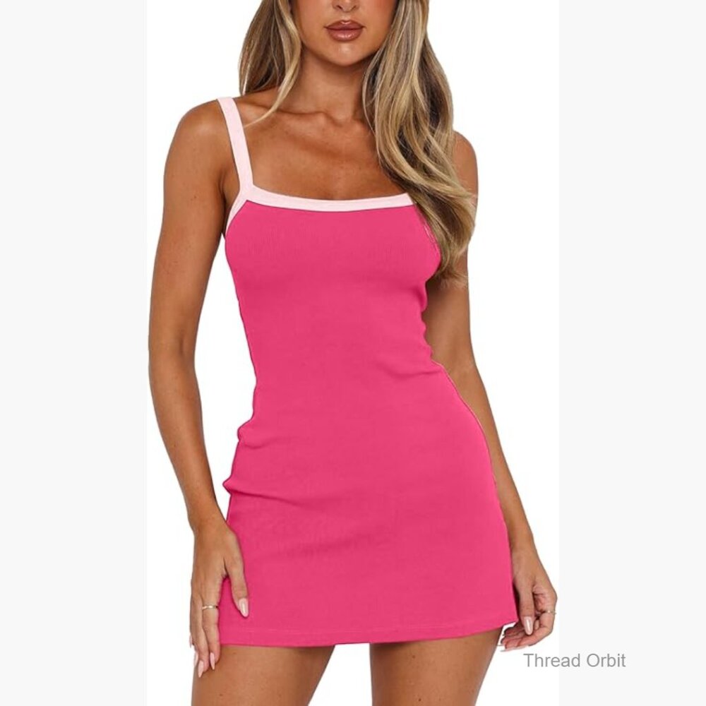 Ribbed Bodycon Mini Dress Square Neck Sleeveless Tank Top Summer Casual Party